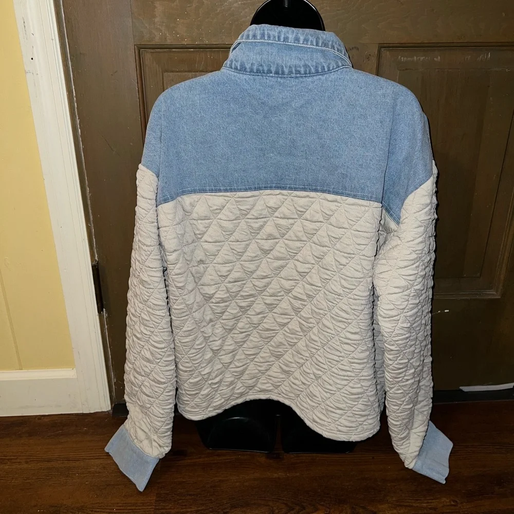 So Me Quilted Cream Button Up Light Blue Denim Trim Long Sleeve Jacket Size XL - Picture 5 of 12